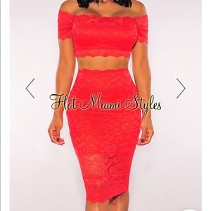 Sexy Red Lace Off Shoulder Two Piece Set (cocktail dress)